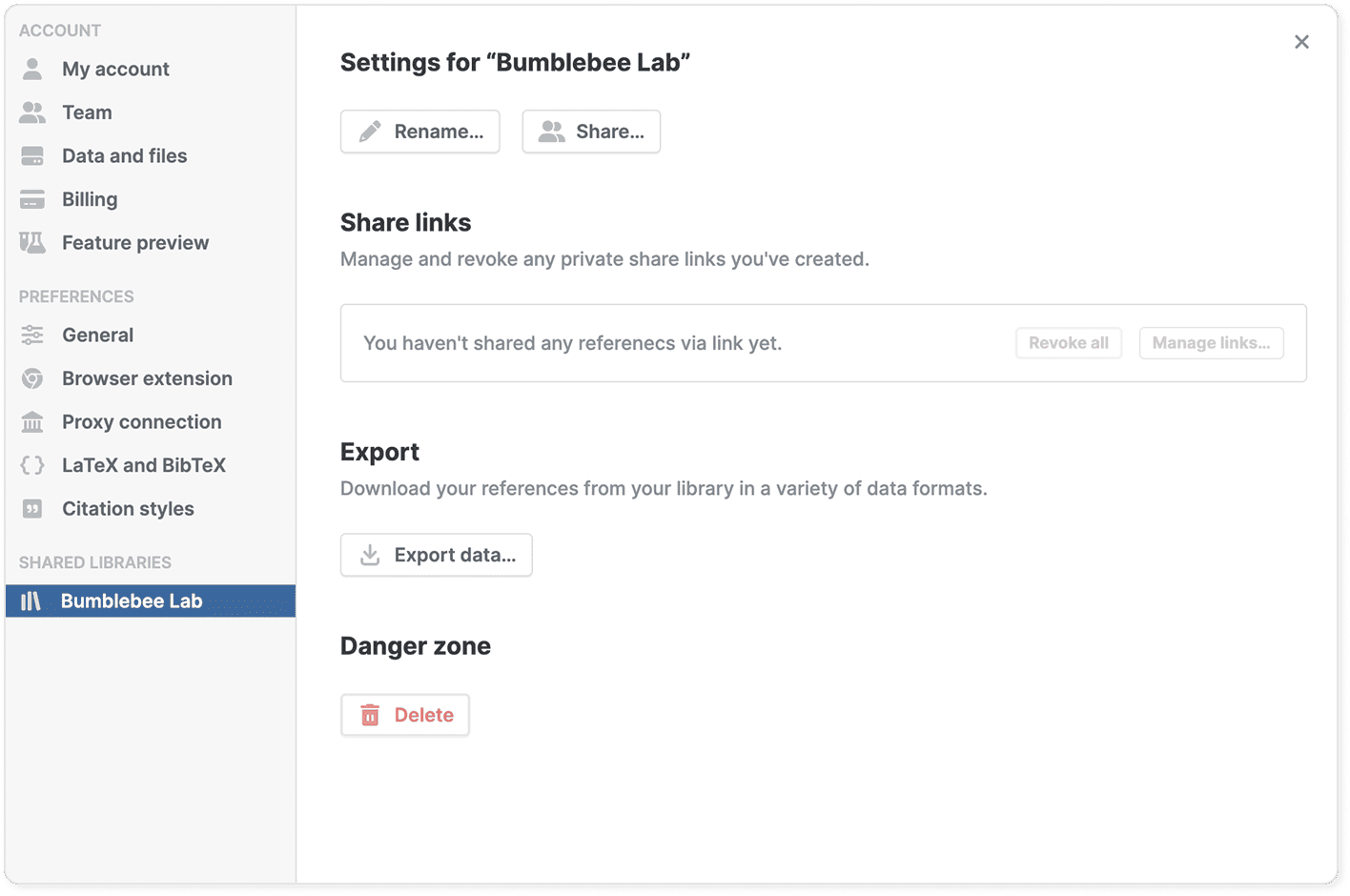 Settings for the “Bumblebee Lab” shared library, with Rename and Share buttons, a Share links section for managing and revoking private links, an Export data button and a Danger zone with a red Delete button.